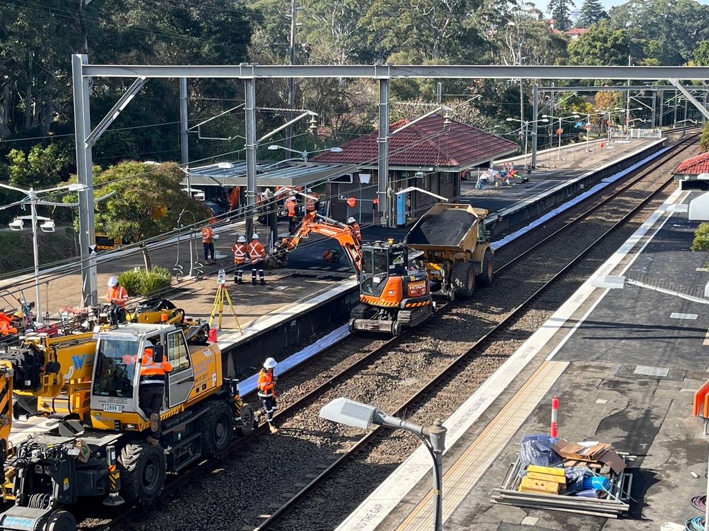 Heavy machinery working on train tracks and workmen in high vis